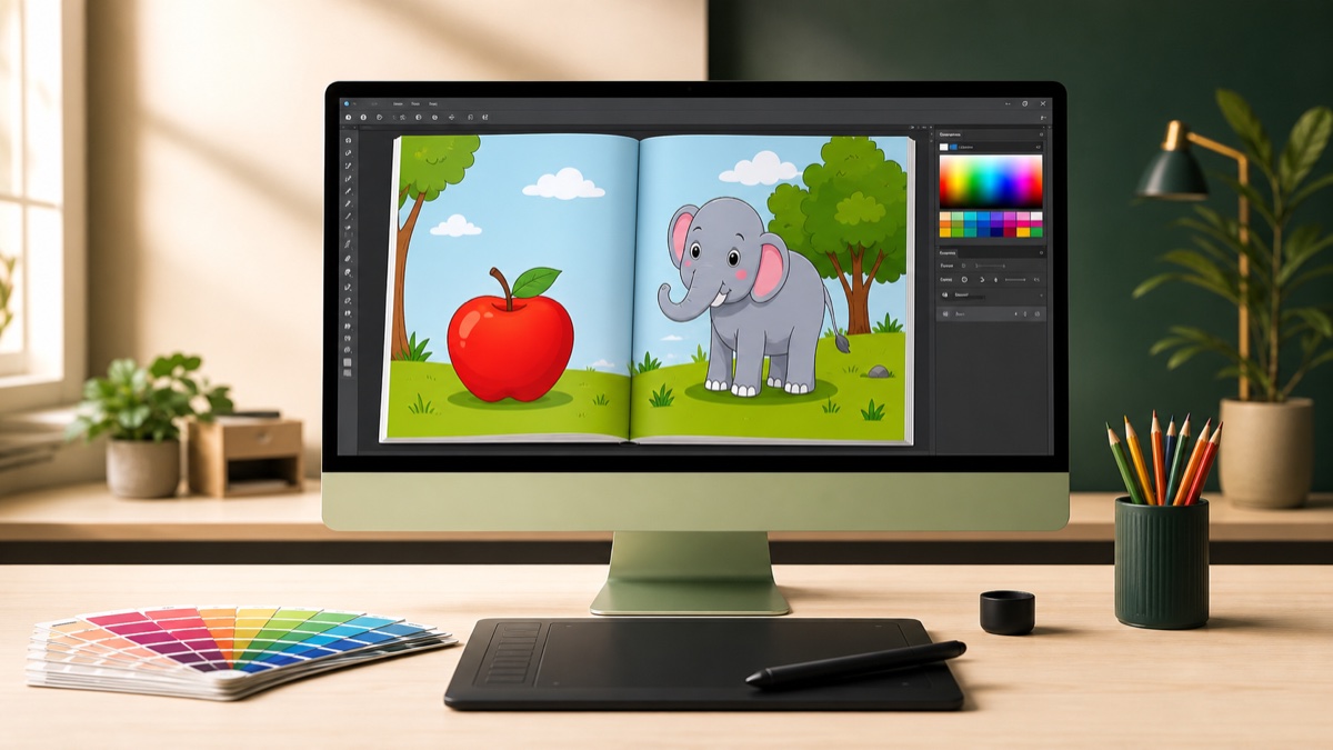 Creative workstation showing an educational book illustration